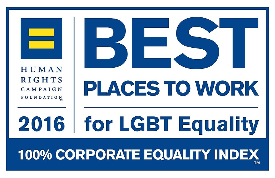 图片所示文字为:人权运动组织基金会 2016。LGBT 平等的最佳工作场所。100% 企业平等指数。
